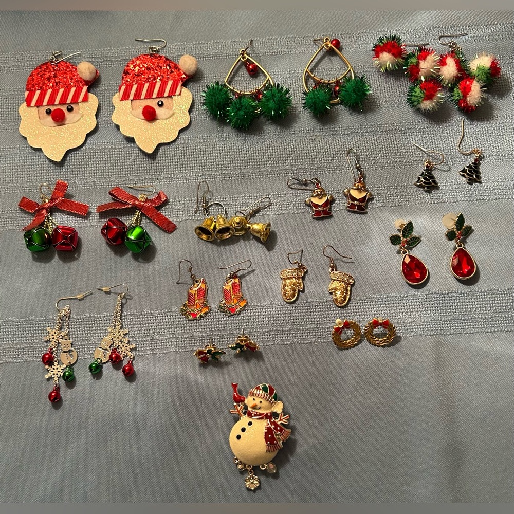 13 pairs Christmas pierced earrings & 1 snowman brooch